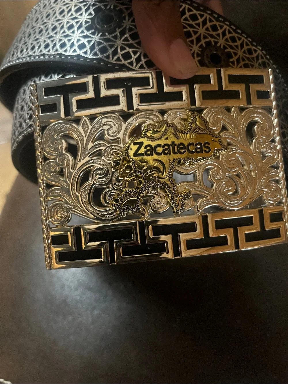 Zacatecas Men's Western Cowboy Rodeo Leather Belt Ornamental Silver Buckle